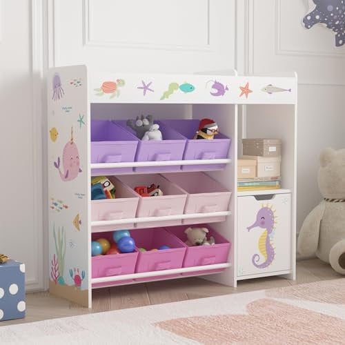 [en.casa] Scaffale per Cameretta con 9 Scatole Pieghevoli Porta Giocattoli Scomparto Chiuso con Anta e Ripiano Mobile Contenitore a Misura di Bimbi - Design Oceano - Rosa/Viola
