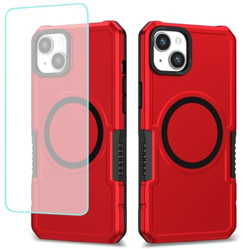Wanyuexes Case for iPhone 13 Case, Apple 13 6.1 Case with Tempered Glass Screen Protector, Compatible with MagSafe, Heavy Duty Shockproof Phone Cover for iPhone 13 Red