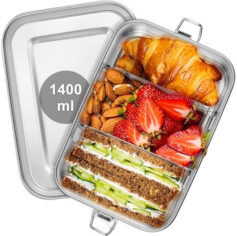 Joyfair Brotdose mit Fächern, 1400ml Edelstahl Bento Box mit 2 Abnehmbar Fächern für Erwachsene & Kinder, Lunchbox Brotzeitdose für Camping Reisen und Arbeit, Auslaufsicher & Spülmaschinenfest