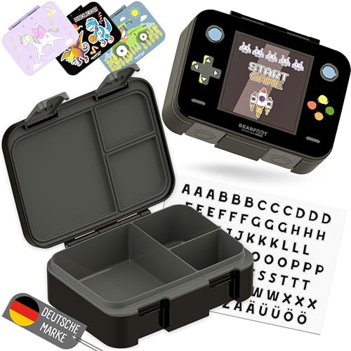 BEARFOOT – Fiambrera Infantil Compacta, Bento Box para Niños sin BPA, Lonchera con Compartimentos para Colegio y Guardería, Ligera y Hermética (Juegos Negro, 650 ml)