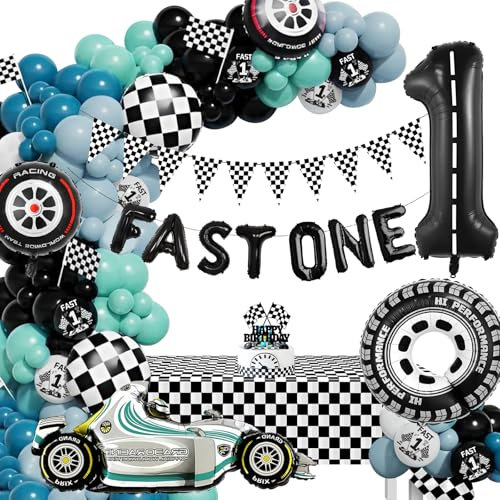 Deko 1. Geburtstag Junge, Rennwagen Geburtstagsdeko 1 Jahr, Luftballon 1, Fast One Geburtstagdeko Blau, Auto Deko Geburtstagballon, Erster Geburtstag Junge mit Rennwagen Folienballon