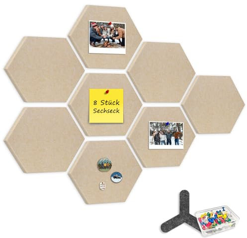 CUHIOY 8 Stück Korktafel Selbstklebend, 12mm Sechseckige Pinnwand Filz mit 80 Pinnnadeln, Memotafeln Foto Hängen Bulletin Board, Dekorative Filzplatte für kinderzimmer Büro Küche, Beige