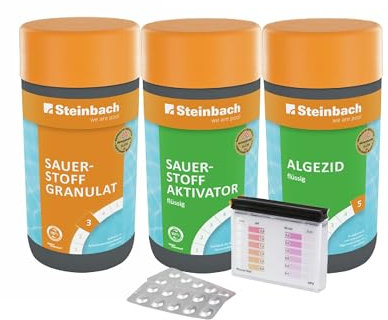 STEINBACH | Wasserpflege Sauerstoff Starter Set I Pool Starterset für Einsteiger I Sauerstoffgranulat, Algezid, Sauerstoffaktivator, Testkit | Pool-Zubehör-Set für Anfänger