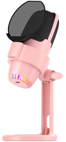 Walfront Dynamic Gaming Microphone USB RGB Microphone Computer Mic Kit Noise Cancellation PC Mic for Gaming/Meeting/Live Streaming/Audio Recording/Video (Pink)