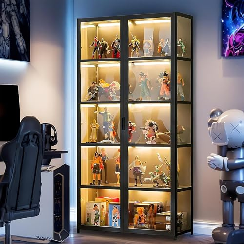 5-stöckige Vitrine Stehend, Curio-SchräNke, Bücherschrank mit Türen, Transparente Acryltüren,Sammlervitrine für Wohnzimmer, Büro, Bücher, Spielzimmer, Schwarz (80 x 32 x 165cm) (Schwarze Doppeltür)