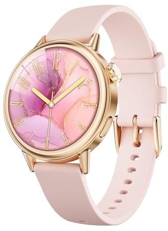 TOOBUR Smartwatch Damen Klein, 28mm AMOLED-Display Schrittzähler Uhr Rund, Smart Watch Android und iOS Kompatibel, Fitness Uhr mit Herzfrequenz- und Kalorienmonitor, Pink