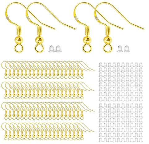 Earring Hooks for Jewellery Making, 100 PCS/50 Pairs Sterling Silver Earring Hooks with Clear Silicone Ear Backs, Hypoallergenic Jewellery Making Supplies (Gold)