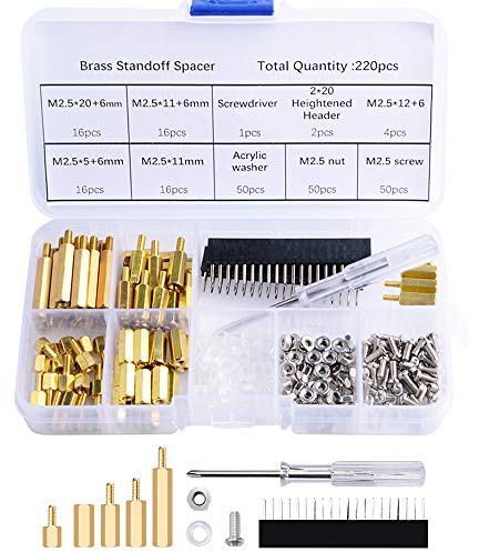GeeekPi 220PCS M2.5 Brass Spacer Standoffs Hex Column Male-Female Screw Nut Assortment with Storage Case for Raspberry Pi, with Acrylic Washer Screwdriver