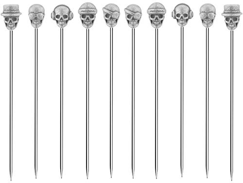 DEEKOUDT Palillos de cóctel de calavera, palillos de Martini, reutilizables, para adornar, palillos de frutas, paquete de 10 (plata antigua)