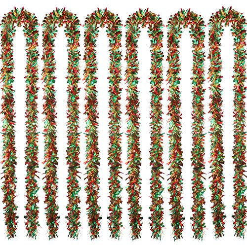 Blulu 6 Stücke Weihnachten Lametta 39,4 Fuß Metallic Garland Glitzernde Hängende Dekoration für Weihnachtsbaum Kranz Hochzeit Party Lieferungen (Rot, Grün, Gold)