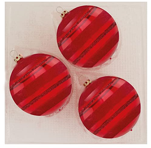 Thüringer Glasdesign Weihnachtskugeln Rot mit roten Glitterstreifen, 3 Stück/Set, ca. 8 cm, Weihnachtsdeko