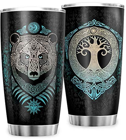 Zbbfwu Wikingerbär Lebensbaum Kaffeebecher to go Thermobecher Edelstahl Auslaufsicher Kaffeetasse Reisebecher white6 600ml