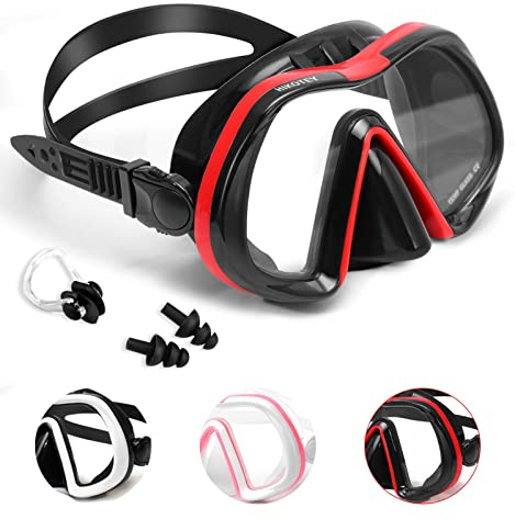 HIKOTEY Occhiali da Sub per Adulti,Maschera per Immersioni Anti-Nebbia & Anti-Perdite Panoramica 180°,Protezione UV,Dotato di Tappi per le Orecchie e Clip il Naso,Adatto uomini, donne e giovani-Rosso