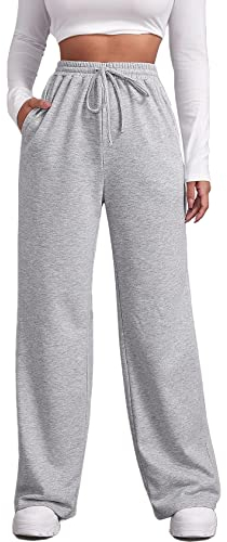 FACDIBY Jogginghose mit weitem Bein für Damen, elastisch, hohe Taille, Kordelzug, lockere Hose mit Taschen, Hellgrau, M