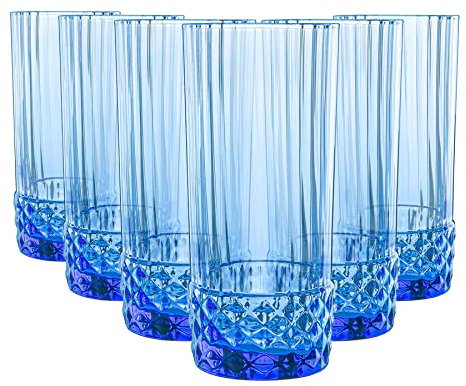 Bormioli Rocco America '20s Highball Glasses - Vintage Art Deco Cocktail Tumblers - 490ml - Sapphire Blue - Pack of 6