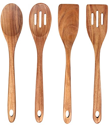 4-Piece 14 Large Wooden Utensils Set for Cooking Spatula Long Handled Slotted Spoon Non-Stick Utensil Slotted Turner Mixing Spoons with Hole Best Wood Kitchen Spatula Stirring Serving Spoons