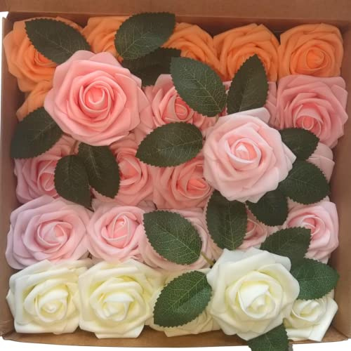 LUSSO LIA 25 pcs Decorative Artificial Flower Foam Roses with Bendable Stems for Wedding Bouquet, Anniversary, Valentine's Day, Table and Home Decoration, DIY, and Arts and Crafts (Peach)