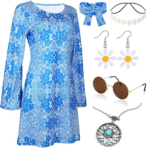 YADODO 60er 70er Jahre Hippie Kostüm Damen Accessoires - Kleid Disco Kleidung Flower Mode Outfit - Karnevals Faschingskostüm (L)