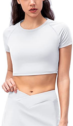 Damen Sport Fitness Workout Basic Kurzarm T-Shirts Kompression Betrieb Yoga Crop Tops Weiß M