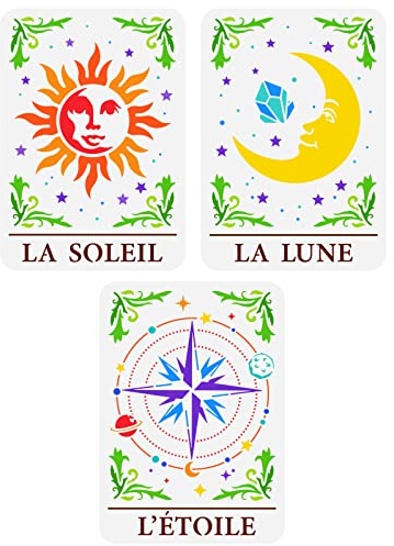 FINGERINSPIRE 3 Stück Tarot Themen Malschablone 21x29.7 cm Wiederverwendbar Sonne Mond Sternmuster Zeichenvorlage PET Kunststoff Ausgehöhlte Schablonen Zum Malen An Wänden Holzmöbeln Scrapbooking