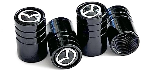 4 Stück Set Aluminium Ventilkappen Style Suzuki Opel Landrover Mazda Mercedes AMG Logo für Auto, Fahrrad, Motorrad. Deckel aus Metall (Mazda schwarz)