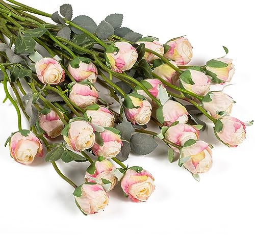 DuHouse 24 Stück Künstliche Rosen mit Langen Stielen – Vintage Seidenrosen für DIY-Sträuße, Hochzeitsdeko, Tischdekoration, Party & Zuhause(Cremefarben Rosa)