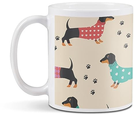 Destination Vinyl Ltd 1 White Ceramic Mug Cup (11oz / 284ml) Cute Sausage Dog Pattern Dacshund for Coffee Tea Drinks Kitchen Office #170541