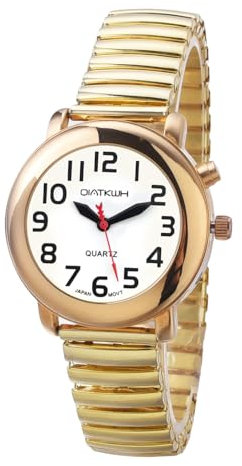 QIATKWH Español Reloj de Voz para Ciegos, discapacitados visuales o Ancianos,Dorado Estilo clásico,Tamaño Femenino
