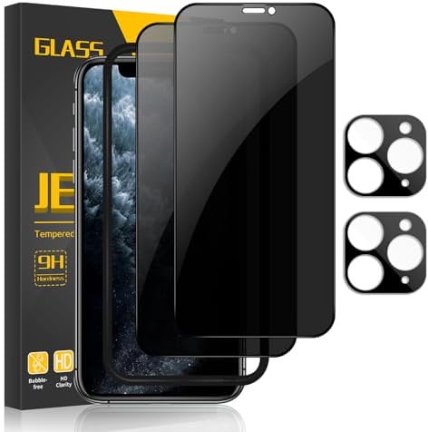 JEHOO Privacy Screen Protector for iPhone 11 Pro Max 6.5 Inch with Camera Lens Protector, 2 Pack Anti Spy Tempered Glass Film and 2 Pack Camera Lens Protector, 9H Hardness Anti-Scratch Ultra Resistant