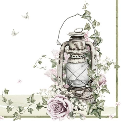 20 Servietten Blumen, Garten & Natur Rose an Vintage-Laterne als Tischdeko. Papierservietten mit Motiv. Auch für Decoupage und Serviettentechnik 33x33cm