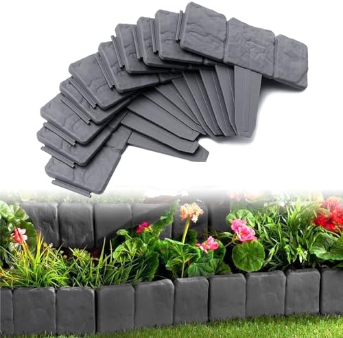 JOIEYOU Beeteinfassung Rasenkante, 7.5 M Kunstoff Steinoptik Raseneinfassung, Flexibler PP Beetumrandungen für Blumen, Gartenzaun decorativ, 30 Stücke, Anthrazit