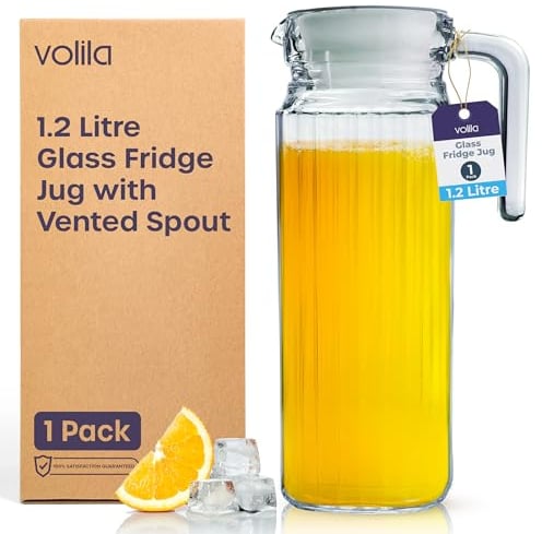 Fridge Jug 1L Glass Water Jug with Lid (1 Pack) - Clear Water Pitcher with Ribbed Glass Jug Design & Handle for Fridge Shelf & Everyday Use with Vented Spout - Juices, Pimms & Picnics