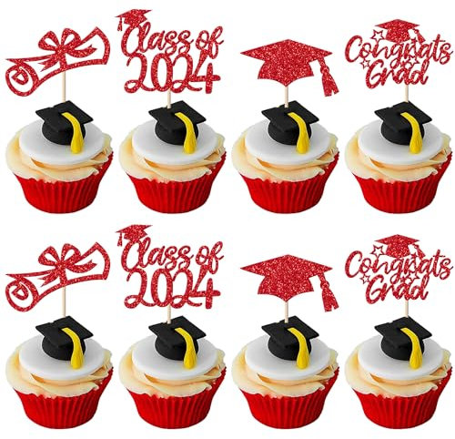 24 Stück Class of 2024 Tortendeko Glitzer Abschluss Cupcake Toppers 2024 Diploma Grad Cap Kuchen Deko für Schule 2024 Absolvent Thema Party Kuchen Dekoration Rot