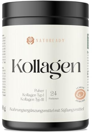 Natuready Kollagenpeptid-Pulver. Hochdosiert. Typ I und III. 3 Geschmacksrichtungen. Ohne Zuckerzusatz. Laborgeprüft. 24 Portionen pro Packung. (Zitrone)