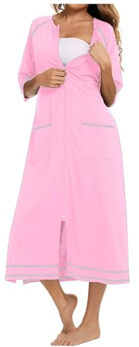 KBOPLEMQ Robe pour Femme Hausmantel avec Fermeture Éclair Manches 3/4 Morgenmantel Chemise de Nuit Longue Peignoir Léger Loungewear Pyjama avec Poches Chemise d'Allaitement Saunamantel Hausmantel
