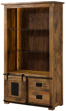 MASSIVMOEBEL24.DE | Railway Lux Standregal aus Massivholz mit Beleuchtung #165 Mangoholz/Altholz - Natur lackiert 100x45x175 cm 5 Fächer, 1 Tür, 2 Schubladen Standregal klein