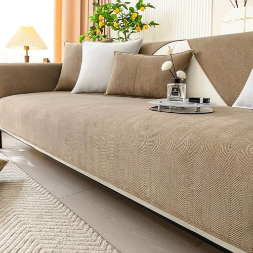 Gluhbirnen Chenille-Stoff mit Fischgrätenmuster, Möbelschutz, Sofabezug, universal, rutschfest, L-Form, Couchbezug, Couchbezug für Hunde, Braun, 70 x 150 cm