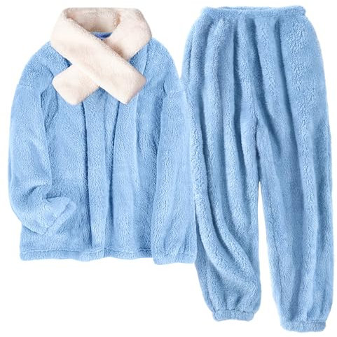 TOMEEK Damen Schlafanzug Set Winter Kuscheliger Polar Fleece Freizeitanzug mit Langarm-Oberteil Hose und Schal Gemütliche Nachtwäsche PJS für Frauen(Blau B,XL)