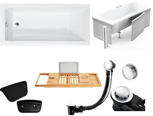 KOLMAN KOMPLETTSET 6in1 Acryl Wanne Badewanne Rechteck 180x80 cm MODERN Made in EU + Styroporverkleidung + Badewannentablett Holzablage + Badkissen, mit Ablaufgarnitur in Chrom & Wannenfüße