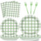 96 Pcs Sage Green Checkered Theme Tableware Set - Green Gingham Plaid Plates, Napkins, Forks for Baby Shower & Kids Birthday Party Supplies - 24 Guests