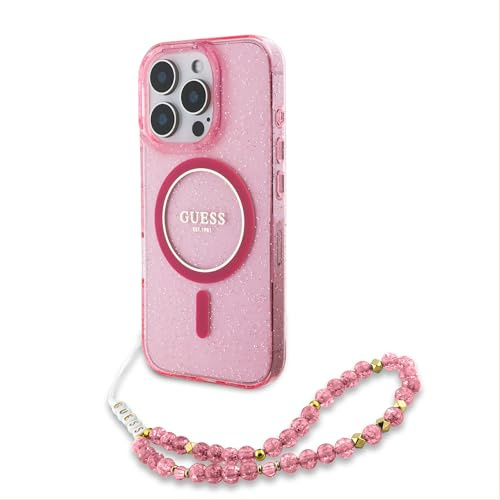 GUESS CG Handyhülle Entwickelt für iPhone 16 Pro Max, Langlebig, Stoßfest, Kompatibel mit Magsafe, IML Glitzer mit Pearl Strap Hülle Rosa
