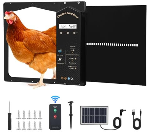 Aofesel Clapet automatique pour poulailler - Ouverture latérale - Clapet solaire avec minuteur - Télécommande - Capteur de lumière - Écran LCD - Ouverture automatique de la porte - Poulailler