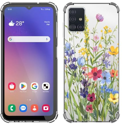 Xkladz Transparente Hülle für Samsung Galaxy A51 4G, Handyhülle Klare Stoßfeste Weiches TPU Silikon Case Soft Schutzhülle mit Blumen Motiv für Mädchen Jungen Dünn Slim Cover, Grüne Blumen