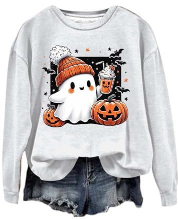 Chanpning Halloween Pullover Damen, Pumpkin Geist Druck Sweatershirt Langarm Rundhals Pulli Oversized Lustige Casual Oberteil Autumn Winter Frauen Bluse Tops Teenager Mädchen Shirt Sweater