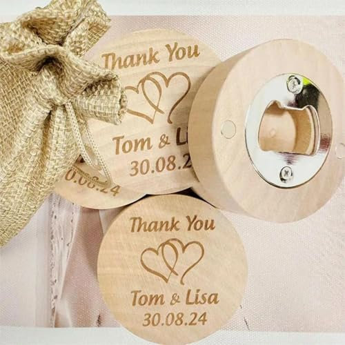 Abridor de botellas personalizado, abrebotellas de madera magnético de madera, grabado con nombre de madera para recuerdos de fiesta, compromisos, cumpleaños, bautizos de bebé (50 unidades)