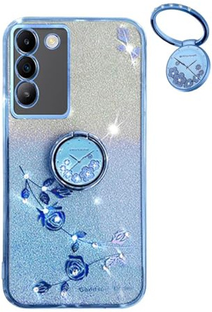 YUECXIN Hülle für Vivo V40 SE 5G mit Glänzende Blumen Ring Ständer, Niedliche Bling Frauen Mädchen Handyhülle, Ultra Dünn Stoßfest Weich TPU Silikon Schutzhülle, Blau