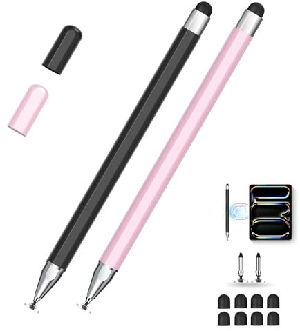 Penna universale per tablet con doppia punta – punta di precisione, nessuna ricarica necessaria, fissaggio magnetico, compatibile con iPad, Android, Surface e smartphone, nero/oro rosa