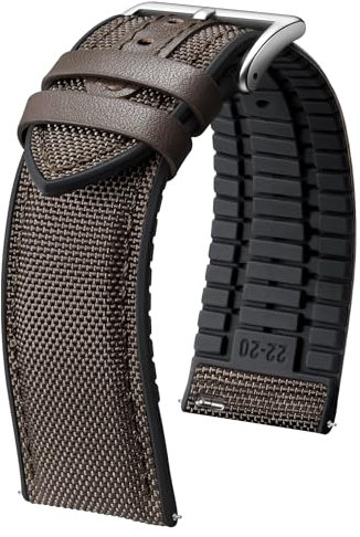 BINLUN Bracelets de Montre en Nylon Silicone Dégagement Rapide Bracelet Montre Remplacement Hybride Toile Caoutchouc Pour Hommes Femmes 9 Couleurs (Marron Foncé/Boucle Argent,21mm)