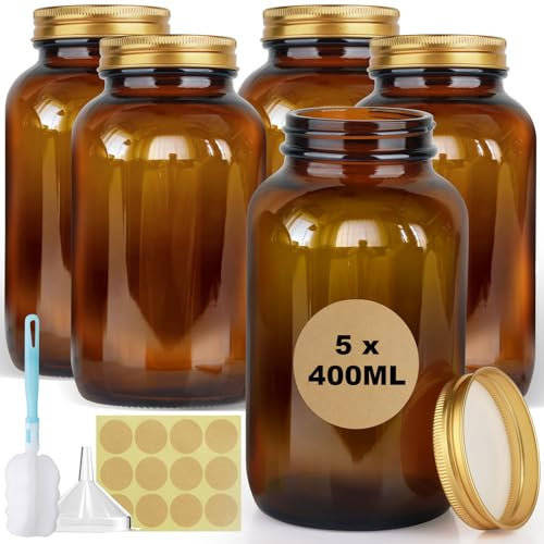Nadisean 5 x 400ml Vorratsdosen Glas Set, Braungläser mit Schraubverschluss, Einmachgläser mit Schraubdeckel, Luftdicht Braunglasflasche mit Etiketten Trichter für Aufbewahrung Nüsse Müsli Kräuter