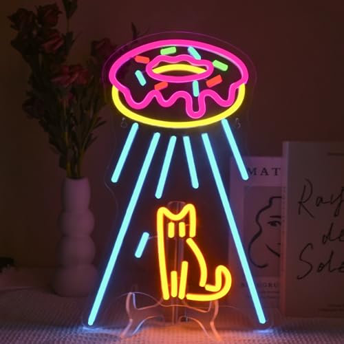 SIGNSHIP Nave spaziale per gatti al neon, cartello a LED dimmerabile, per decorazione da parete, ciambelle UFO Nave spaziale Cat Led Neon Sign segno luce per dessert negozio, cucina, camera delle